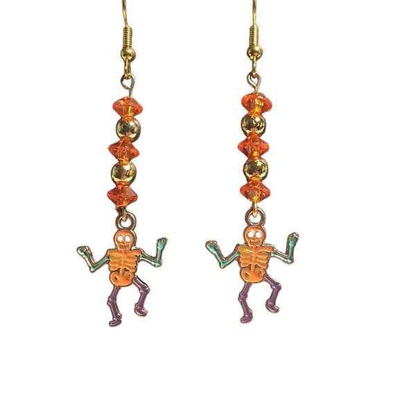 Handmade Halloween Dangle Earrings Dancing Skeleton Charms Orange Beads Hooks - Picture 1 of 4